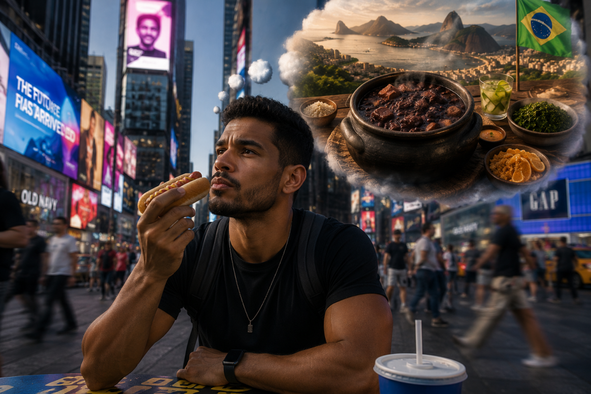 Homem brasileiro pardo e atlético comendo cachorro-quente na Times Square enquanto imagina uma feijoada brasileira em uma cena surrealista sobre saudade e identidade cultural no exterior.