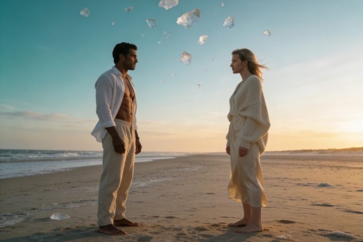 Casal heteroafetivo elegante em praia fria ao pôr do sol representando sensualidade, distância emocional e desejo em relações contemporâneas.