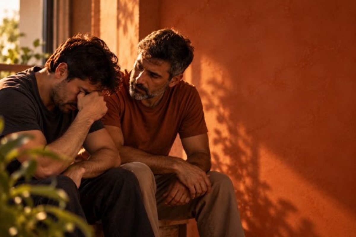 Homem mais velho amparando outro homem mais jovem chorando, cena de acolhimento entre homens sobre silêncio emocional masculino