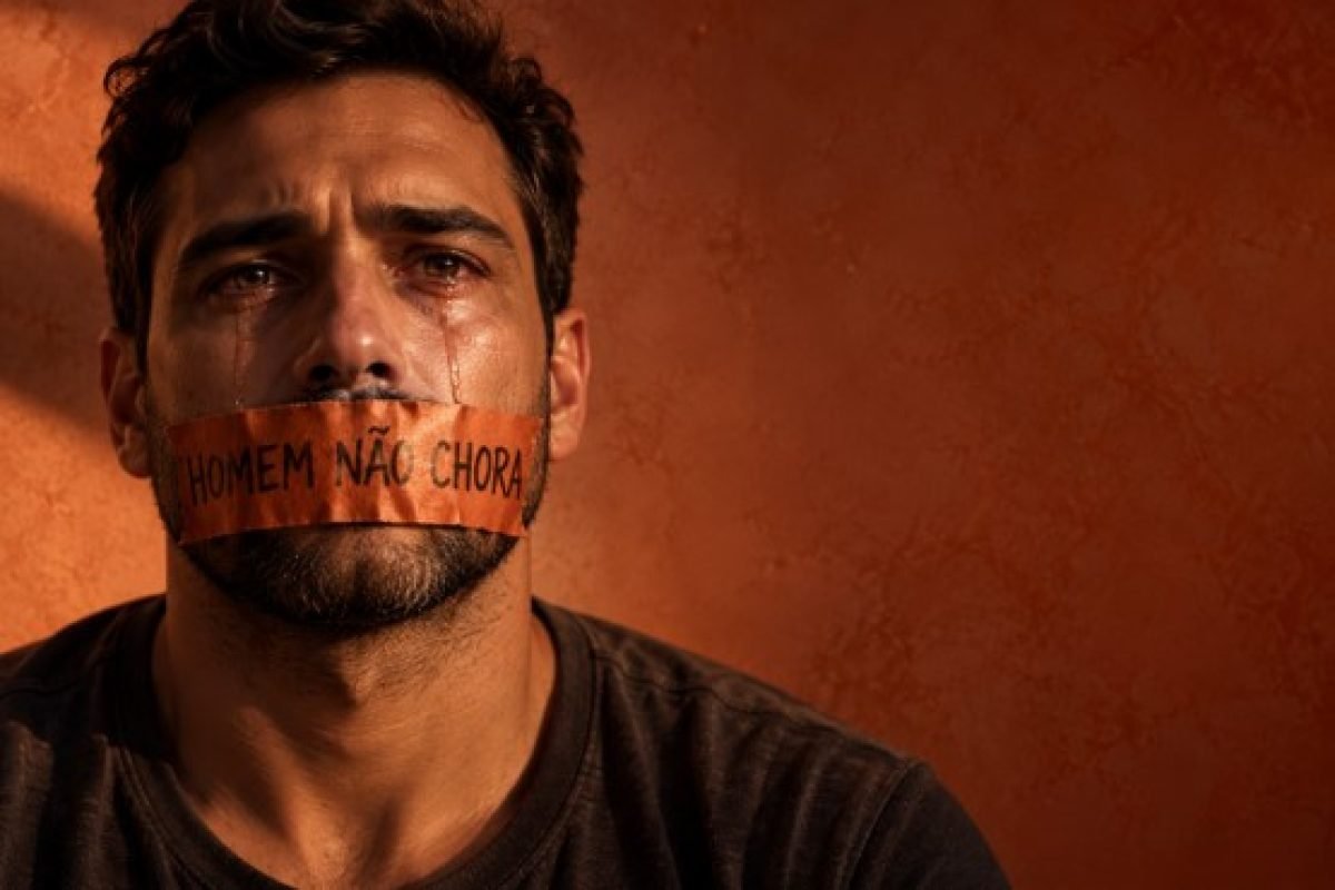 Homem chorando com fita adesiva na boca escrito "Homem não chora", símbolo do silêncio emocional masculino