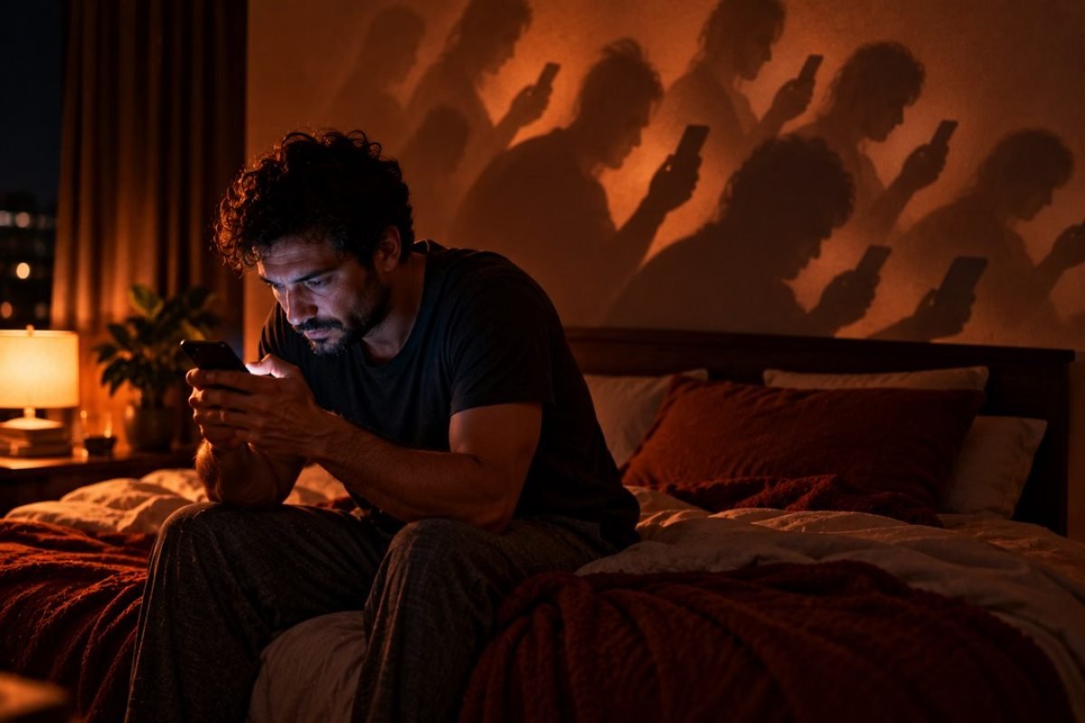 Sinais de que as apostas saíram do controle: homem na cama no escuro, iluminado pelo celular, com sombras repetidas na parede