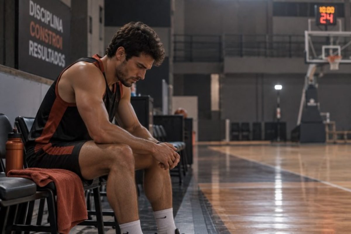 Atleta respirando profundamente no banco antes da competição, sinal físico da ansiedade no atleta
