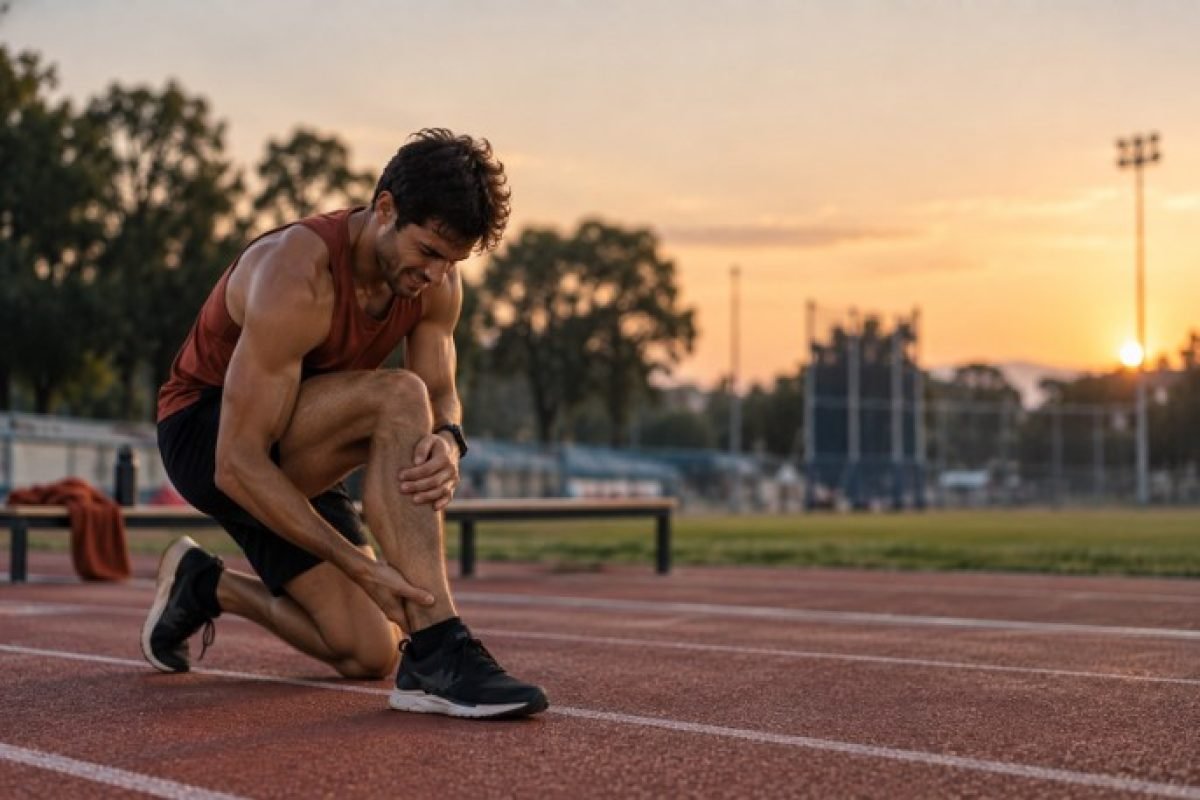 Atleta com dor muscular durante o treino, sinal físico do burnout esportivo