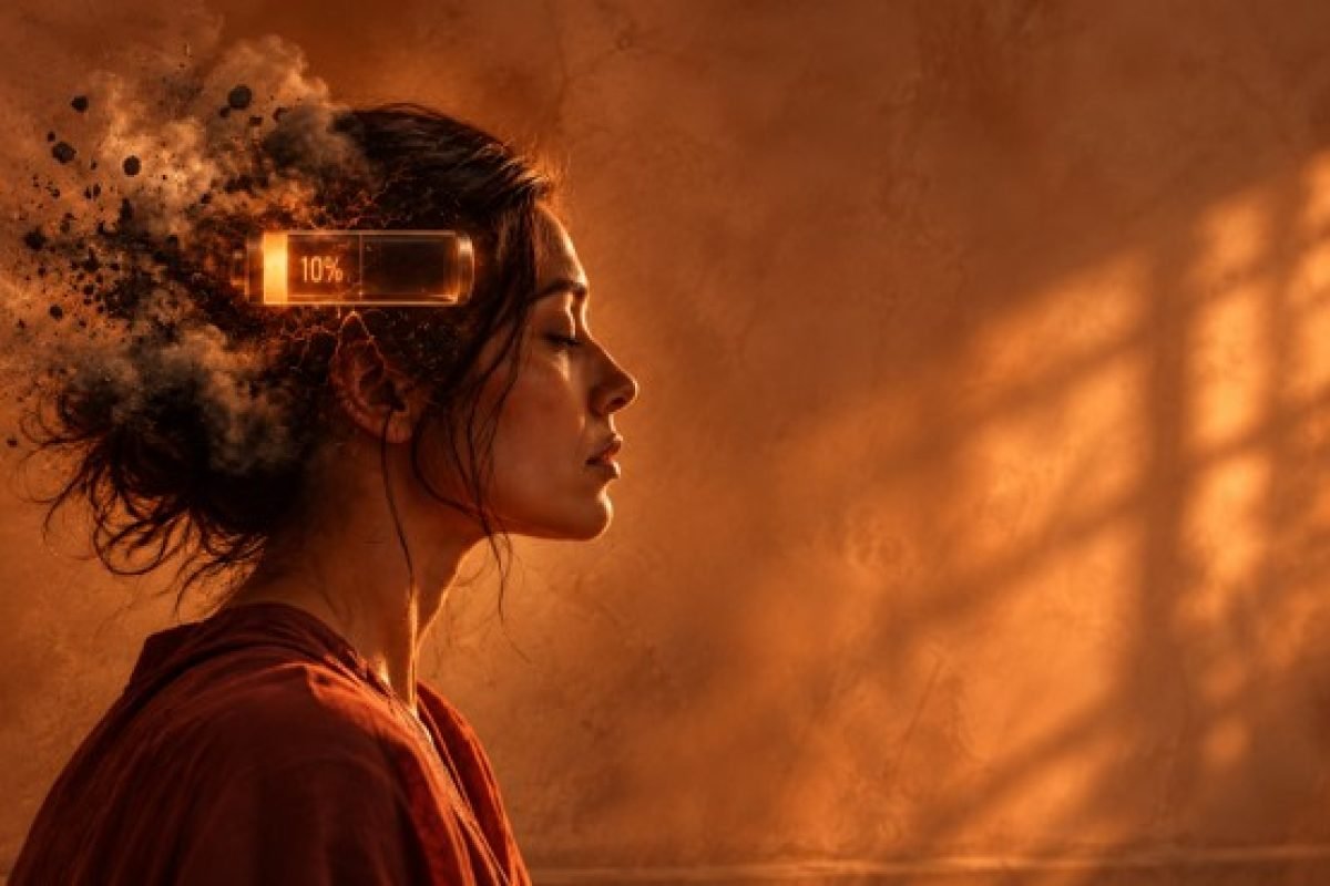 Mulher com símbolo de bateria em nível crítico sobreposto à cabeça, representando esgotamento mental