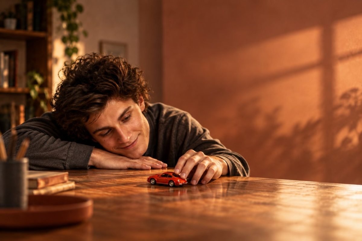 Jovem adulto brincando com carrinho de brinquedo sobre a mesa representando a síndrome de Peter Pan