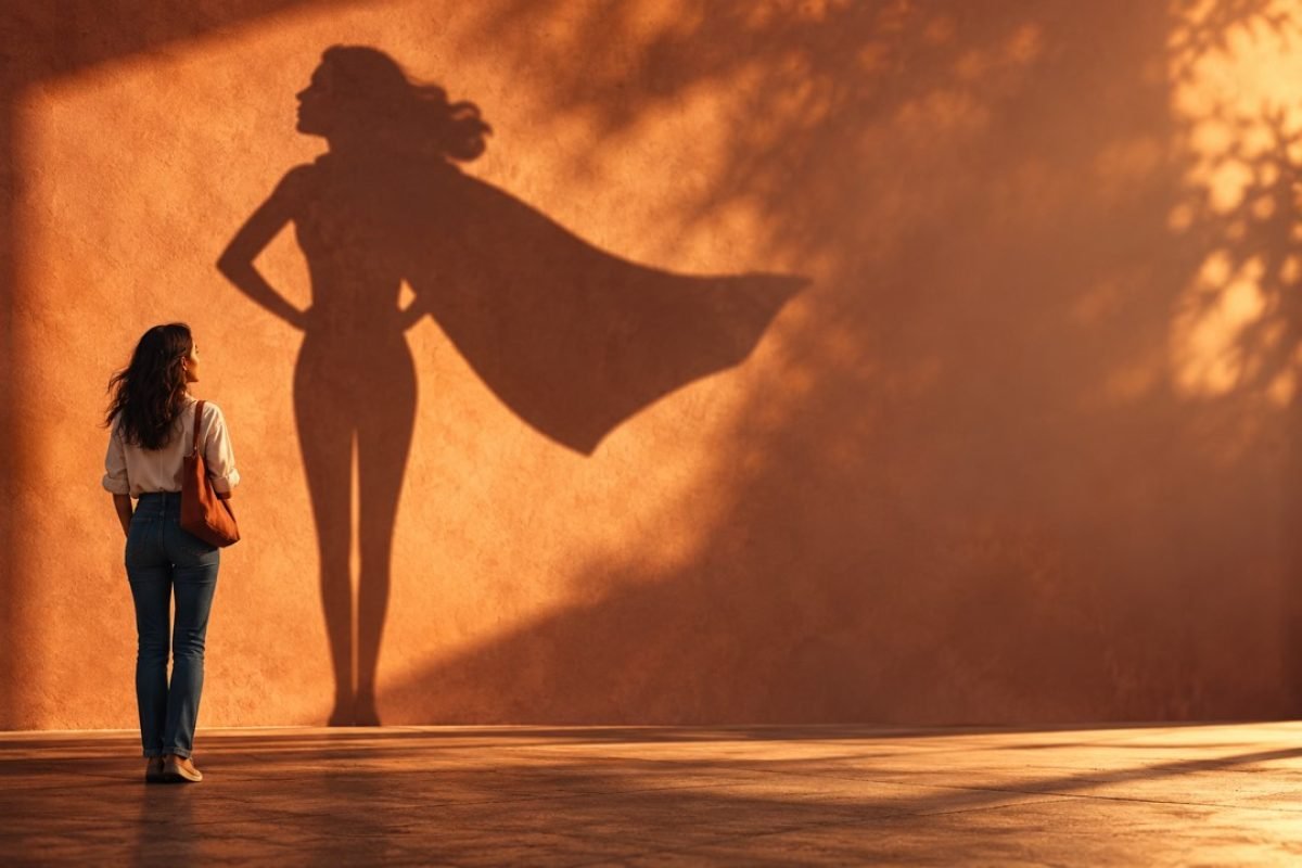 Mulher projetando sombra de super-heroína representando a síndrome de Wendy
