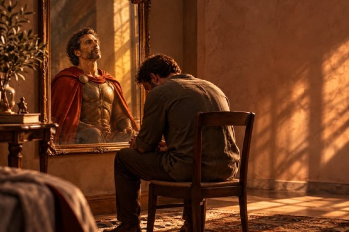Homem cansado sentado de costas para espelho que reflete versão heroica de si mesmo, representando a síndrome do herói