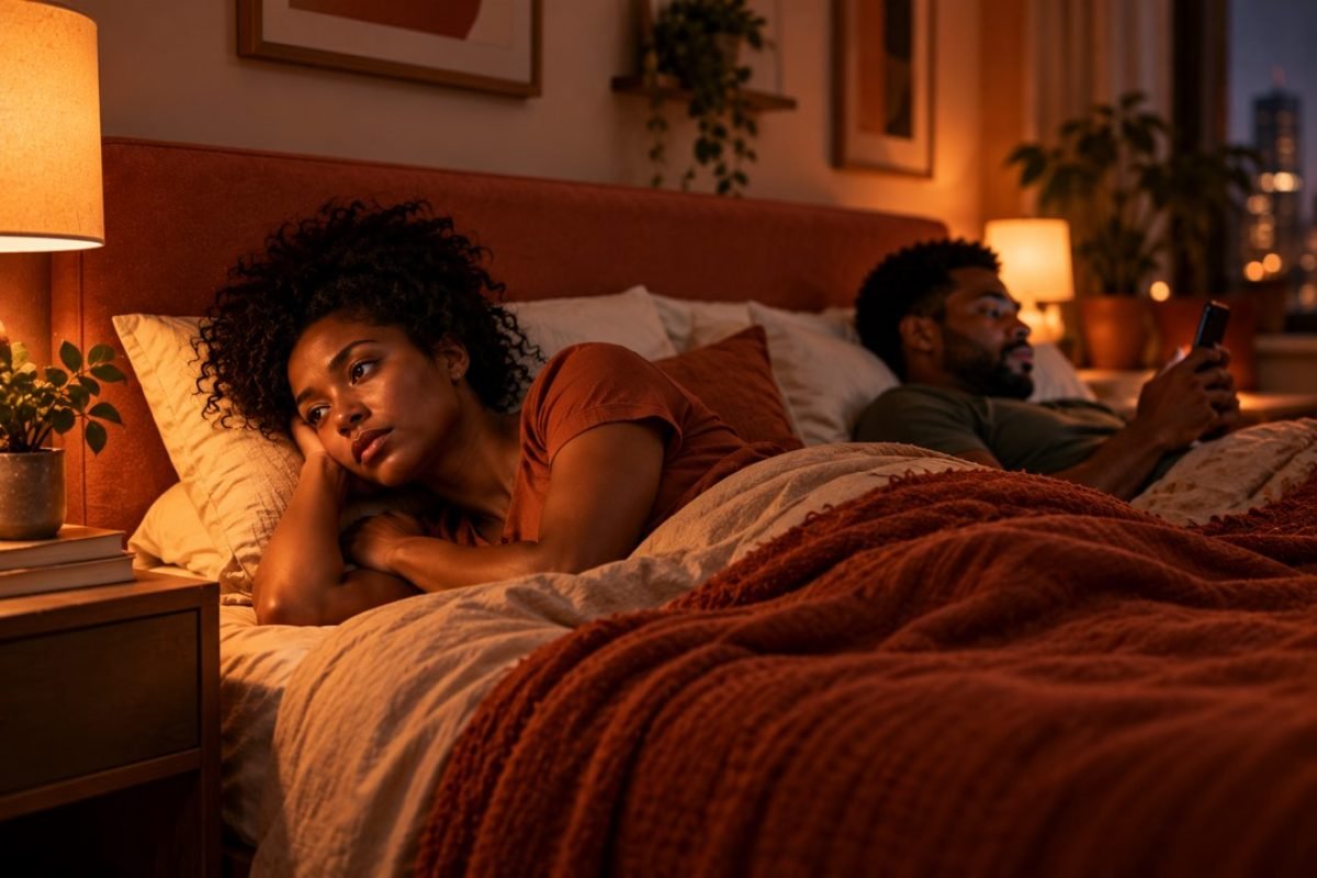 Mulher deitada de lado, acordada e pensativa, enquanto o parceiro usa o celular na mesma cama.