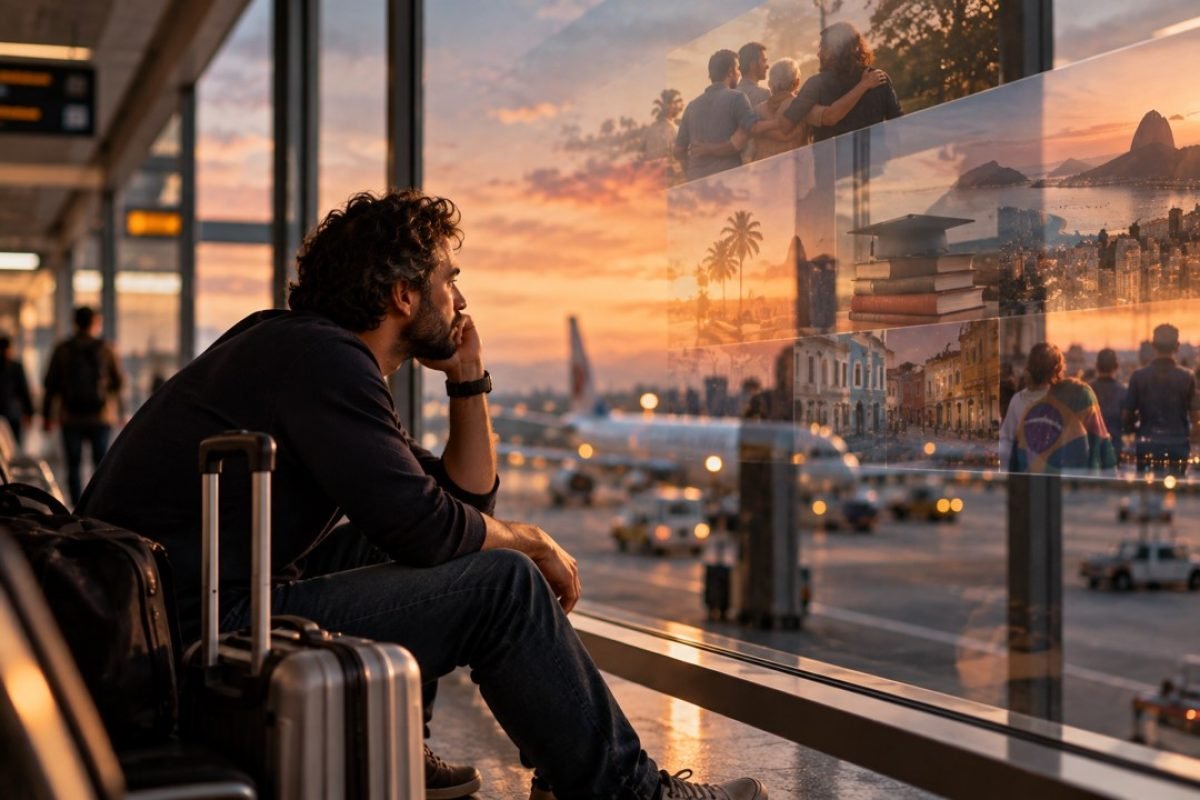 Solidão de brasileiros no exterior: homem de barba e cabelo cacheado, sentado no aeroporto com malas ao lado, olhando pensativo pela janela ao pôr do sol, enquanto lembranças projetadas no vidro mostram família, amigos, praia com palmeiras, livros de estudo, ruas do Rio de Janeiro e a bandeira do Brasil
