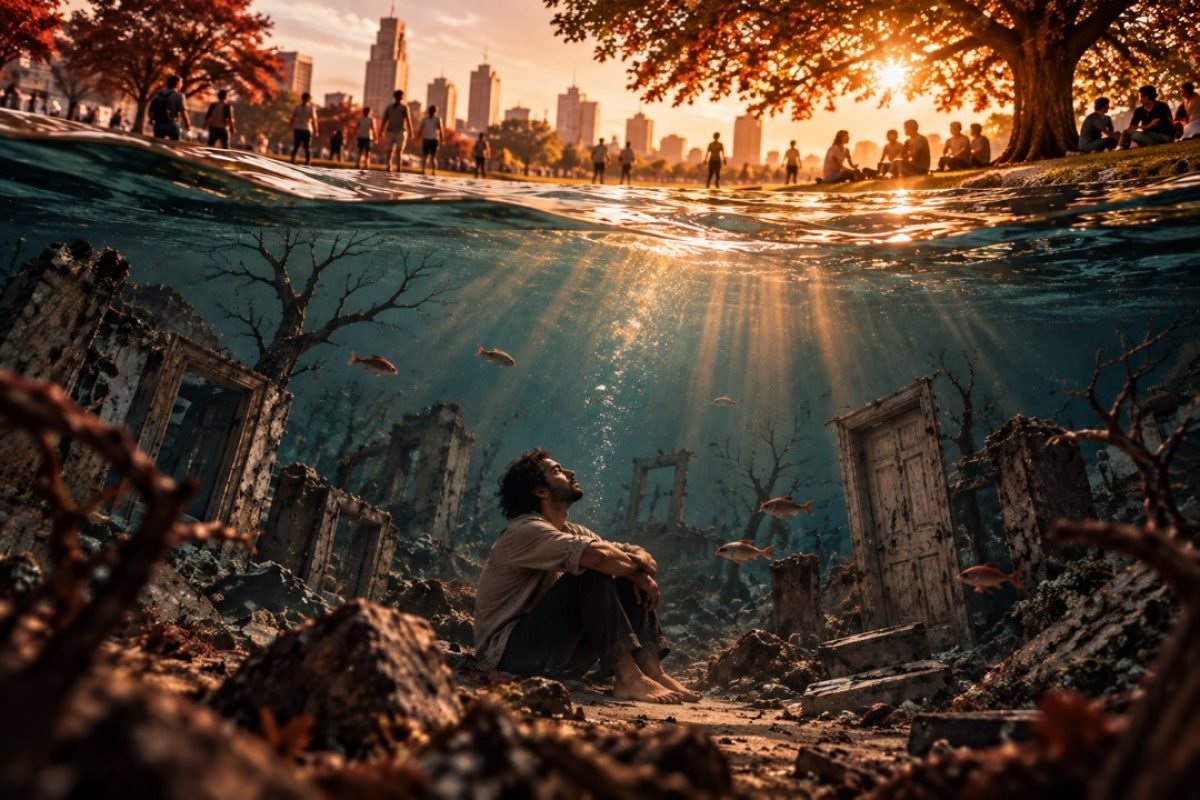Homem sentado sozinho entre ruínas submersas, olhando para a superfície onde pessoas convivem em um parque, representando a solidão crônica como desconexão do mundo