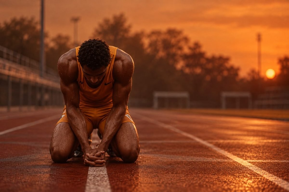 Solidão de atletas no exterior: atleta ajoelhado em uma pista de atletismo vazia, de cabeça baixa e mãos unidas, sob a luz alaranjada do pôr do sol.