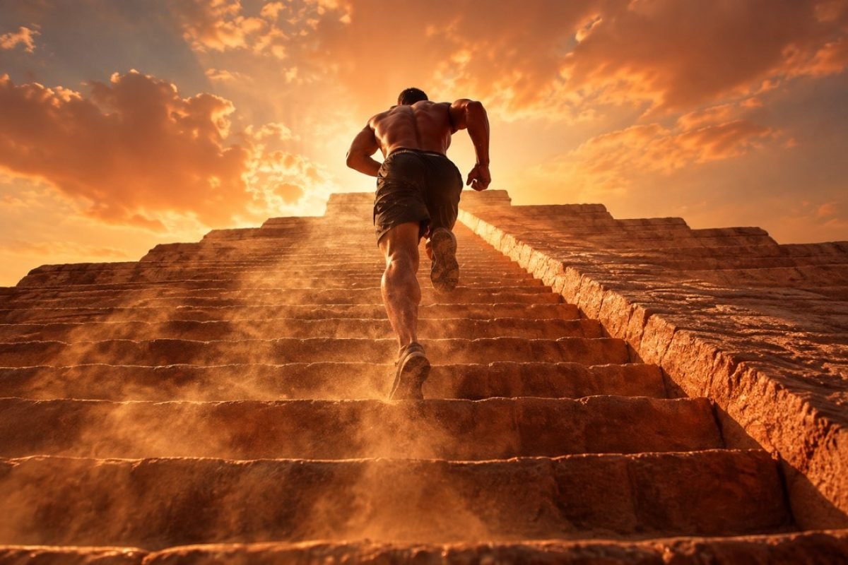 Atleta visto de costas sobe correndo uma longa escadaria de pedra em direção ao sol poente, levantando poeira, imagem do esforço solitário no esporte.