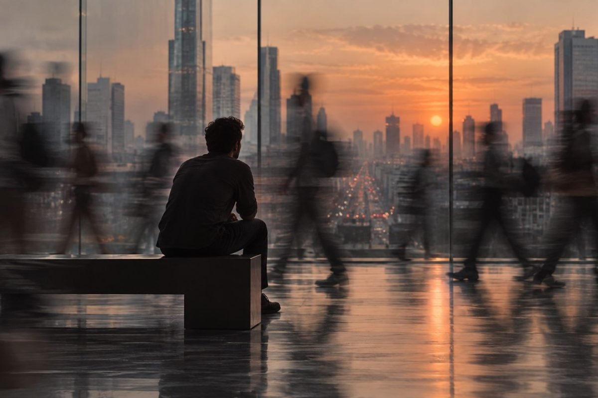 homem sentado imóvel observando a cidade ao entardecer, pessoas em movimento borrado ao redor, representando a pergunta se a solidão é a doença do século XXI