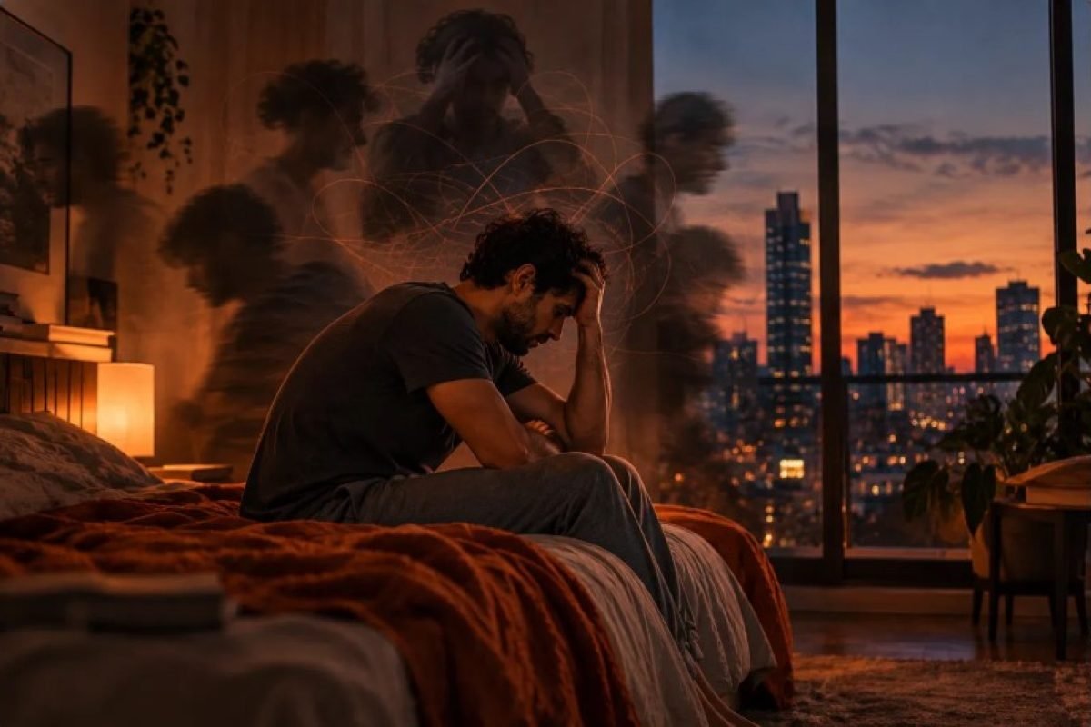 homem sentado na cama com a cabeça apoiada nas mãos, figuras espectrais ansiosas ao redor, cidade ao fundo, representando solidão e ansiedade