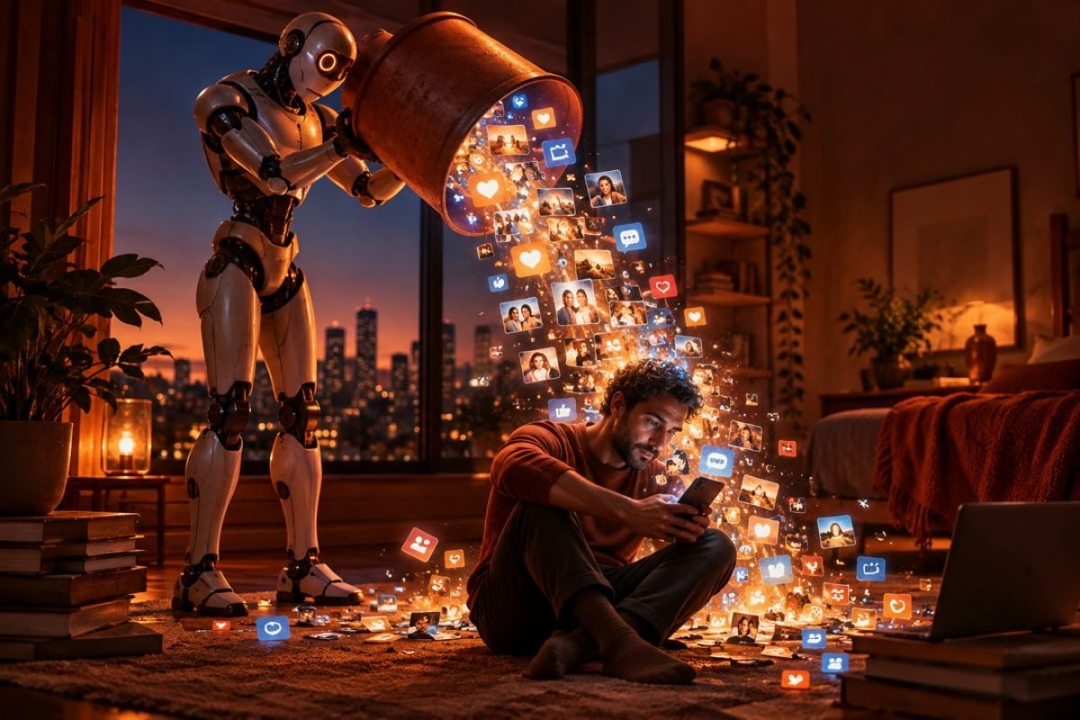 Solidão e inteligência artificial: robô despeja ícones de curtidas, mensagens e fotos sobre um homem sentado no chão olhando o celular.