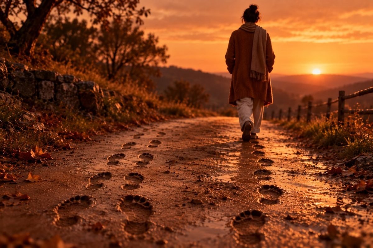 Pessoa de casaco caminha sozinha, de costas, por uma estrada de terra molhada ao pôr do sol, deixando para trás duas fileiras de pegadas lado a lado.