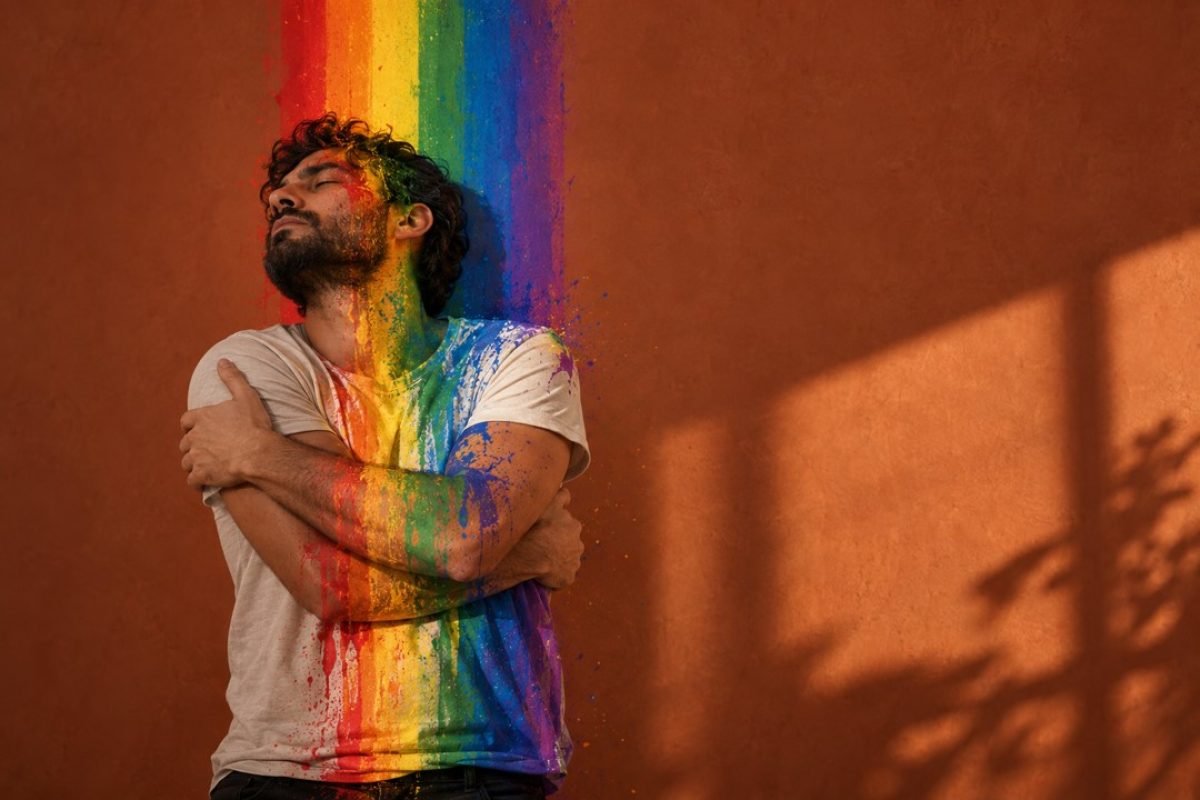 Solidão gay depois dos 40: homem de barba e cabelo cacheado, de olhos fechados e braços cruzados em um abraço em si mesmo, com tinta nas cores do arco-íris escorrendo sobre o rosto e a camiseta, diante de uma parede terracota com sombra de janela