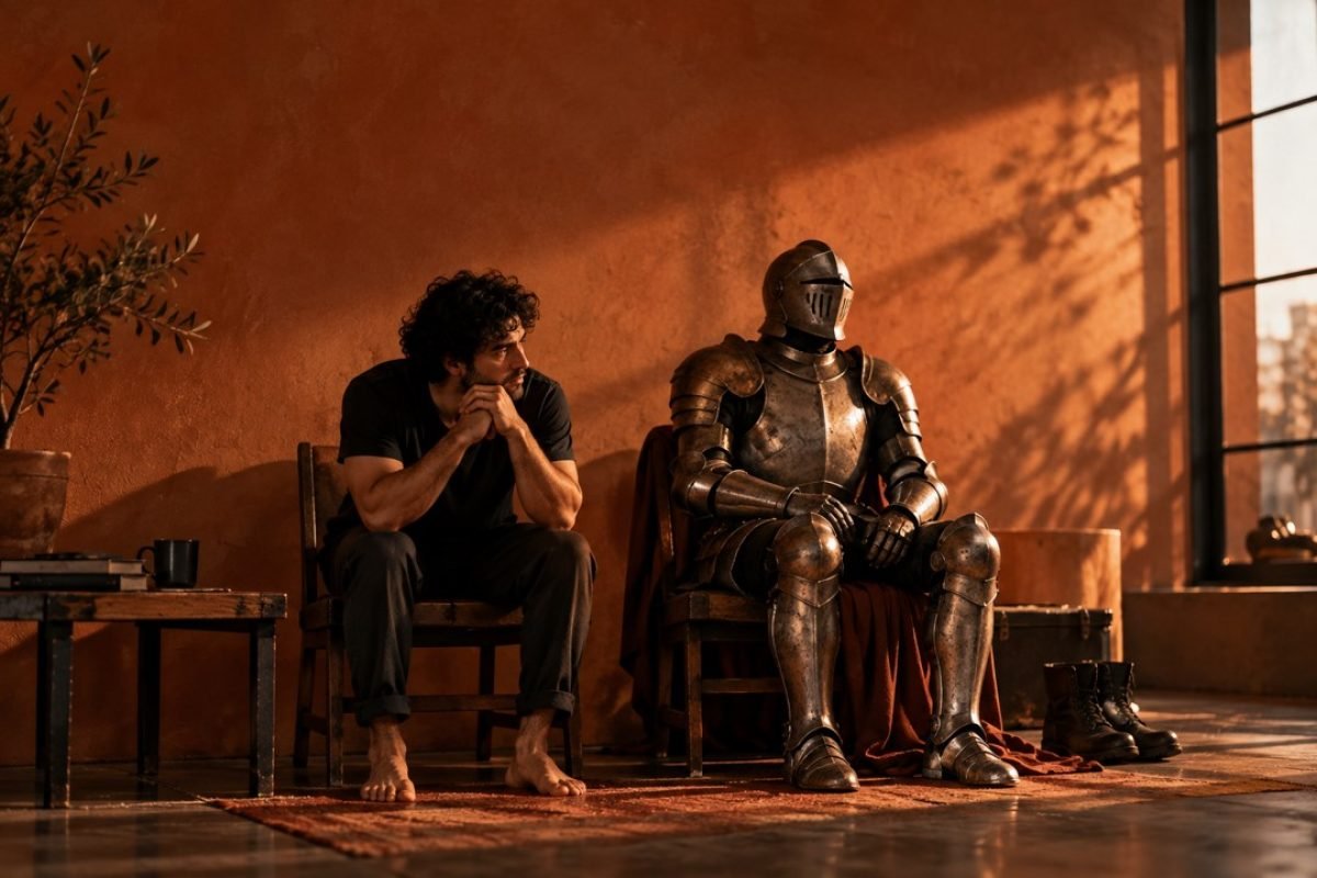 Homem sentado ao lado de uma armadura medieval vazia em outra cadeira, metáfora visual para a solidão masculina e a dificuldade de deixar alguém ver sua vulnerabilidade