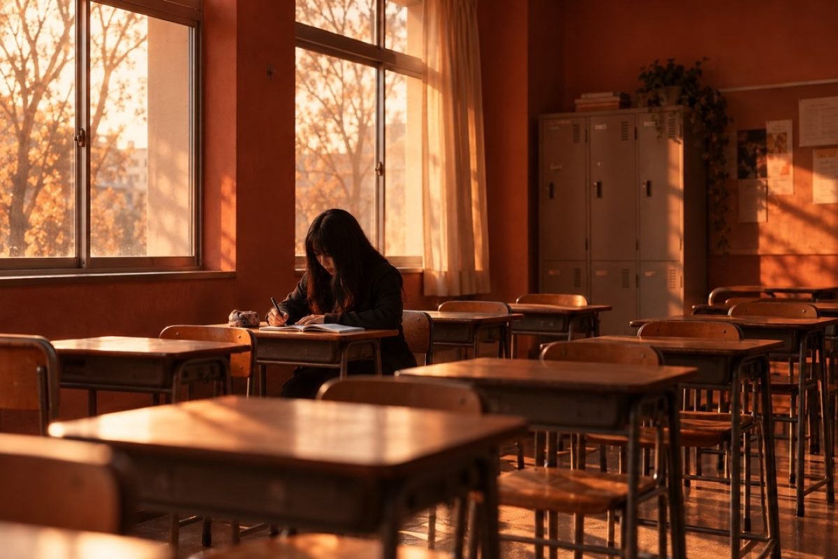 Solidão na adolescência: adolescente de cabelos escuros escreve sozinha em uma carteira, em sala de aula vazia iluminada pela luz alaranjada do fim de tarde.