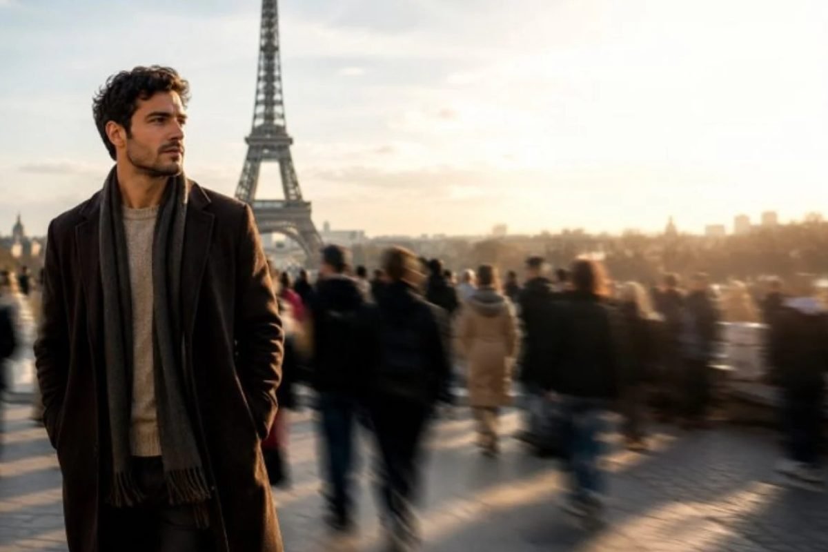 Solidão no exterior: Brasileiro vivendo solidão emocional no exterior enquanto caminha entre multidão em Paris com a Torre Eiffel ao fundo