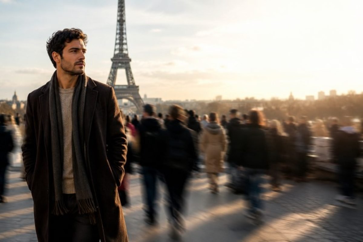 Brasileiro vivendo solidão emocional no exterior enquanto caminha entre multidão em Paris com a Torre Eiffel ao fundo