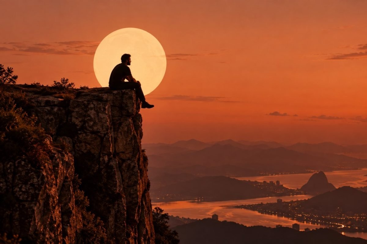 homem sentado sozinho no topo de um penhasco ao entardecer, contemplando a paisagem, representando a diferença entre solidão ou solitude