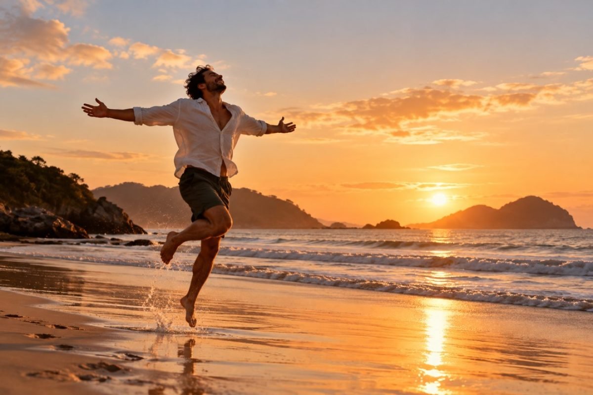 homem correndo sozinho na praia ao pôr do sol, braços abertos, expressão de leveza, representando a solidão que faz bem