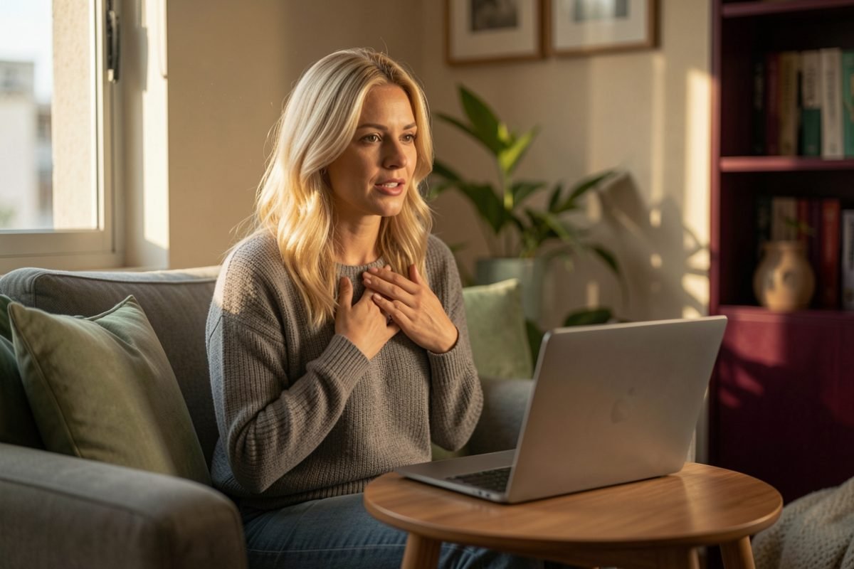 Brasileira em terapia em português no exterior buscando apoio emocional e escuta clínica online
