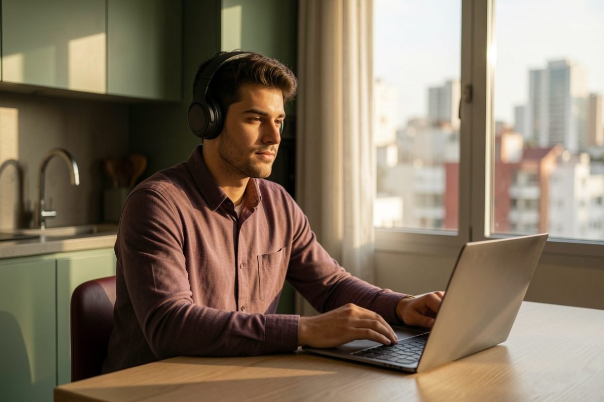 Brasileiro fazendo terapia online para brasileiros no exterior em português enquanto vive fora do Brasil