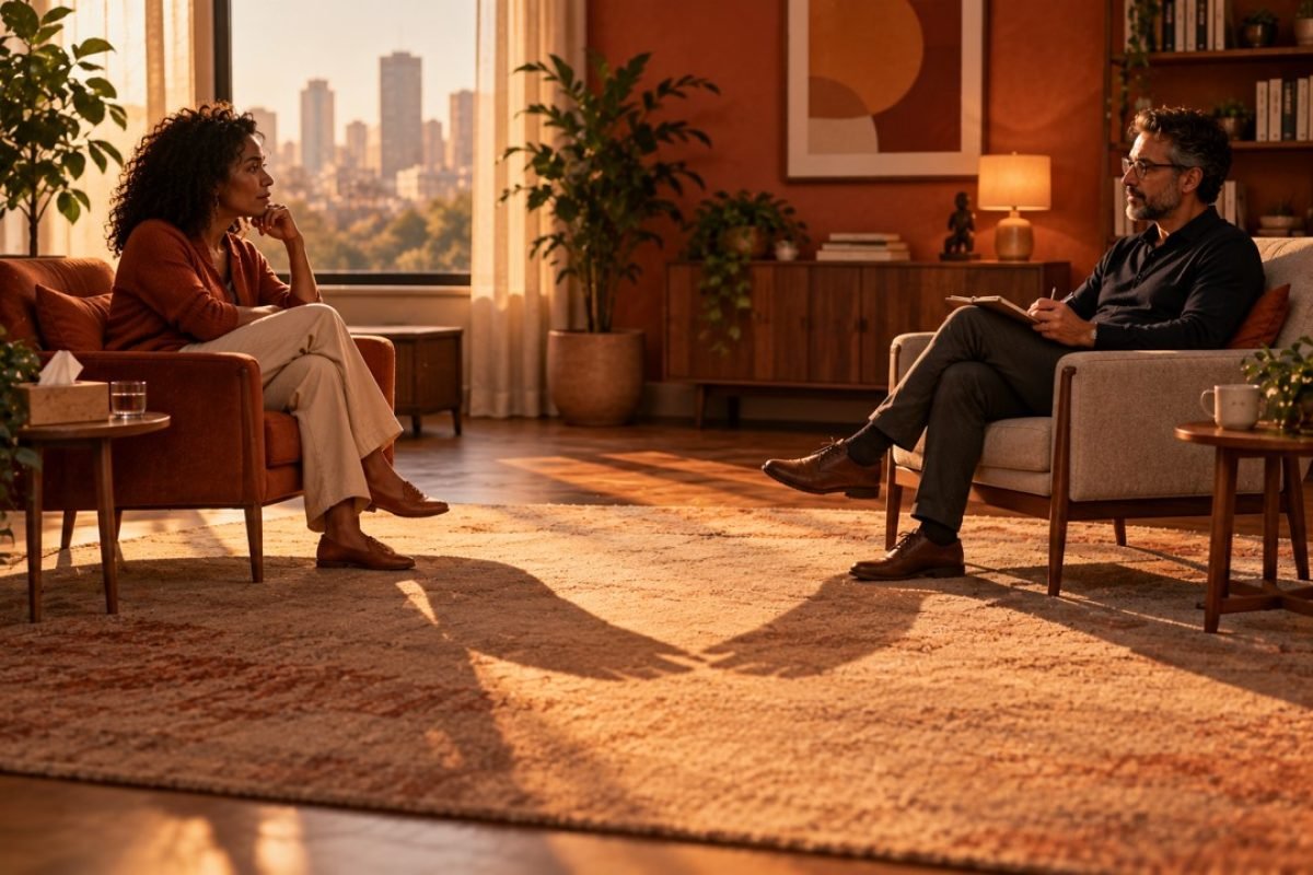 Terapia para solidão: mulher conversa com psicólogo em consultório, e as sombras das cadeiras distantes quase se encontram no chão.