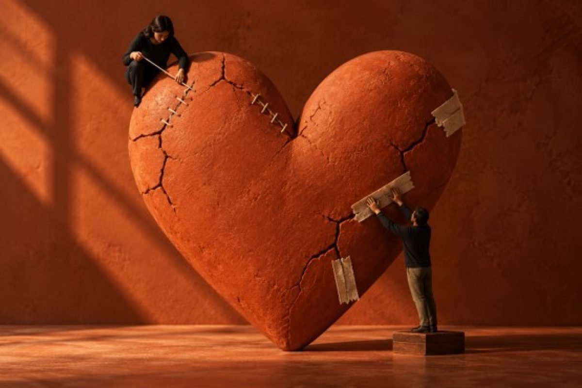 escultura de coração de terracota rachada sendo reparada com pontos e fita por duas pessoas, representando o processo de elaboração de um trauma amoroso