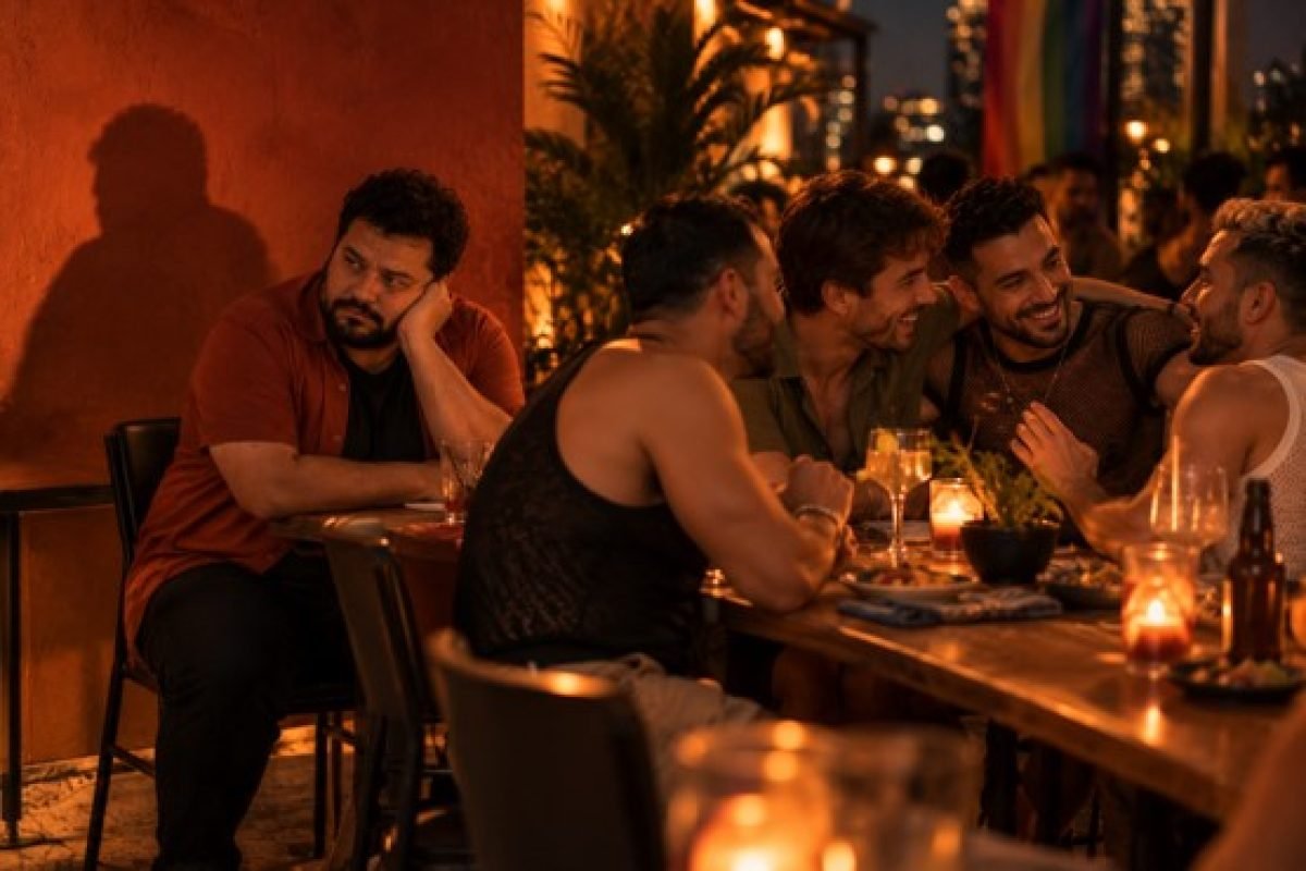 Pessoa sentada à mesa com amigos, fisicamente próxima mas emocionalmente distante, ilustrando as dificuldades de vínculo no trauma complexo (CPTSD)