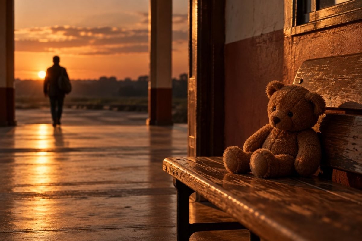Urso de pelúcia sentado sozinho em um banco de madeira, com a silhueta de um homem se afastando ao fundo, simbolizando o trauma de abandono