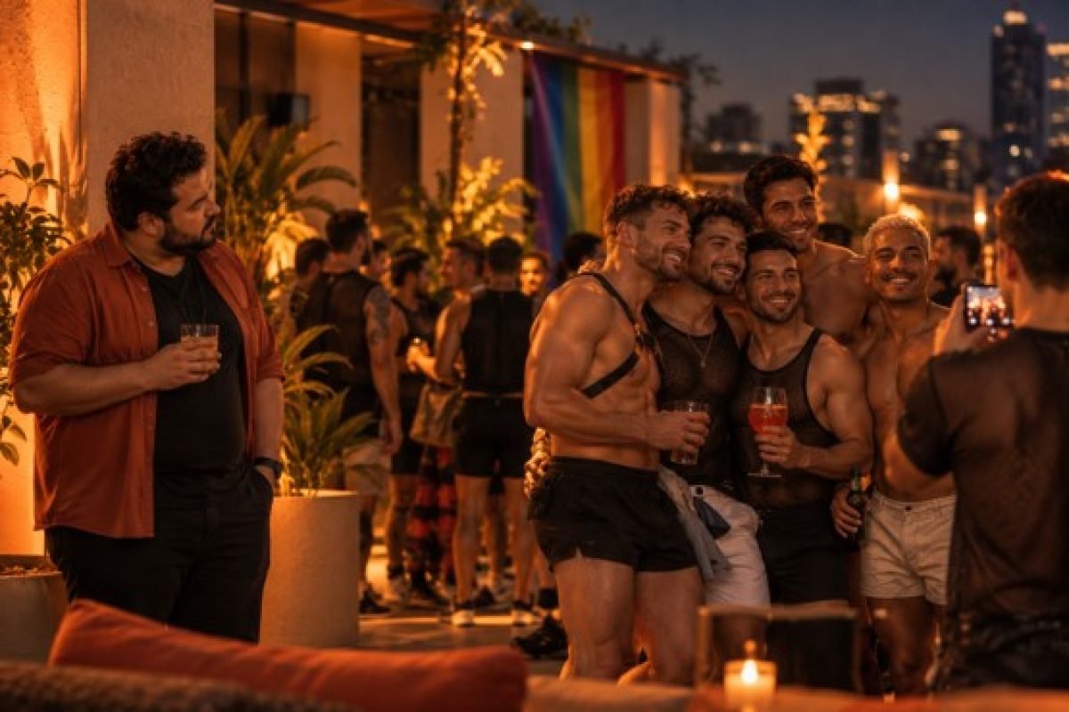 Homem de corpo fora do padrão observado à distância em uma festa, ilustrando a exclusão vivida no trauma do corpo