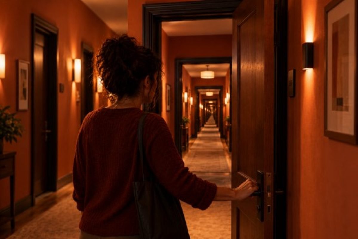 Trauma e repetição: mulher abre uma porta em um corredor e encontra, do outro lado, o mesmo corredor se repetindo