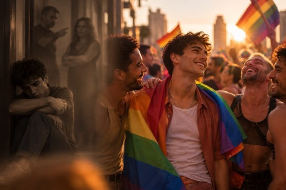Contraste entre a solidão vivida por uma pessoa LGBTQIA+ e o acolhimento encontrado em comunidade, ilustrando a superação do trauma LGBTQIA+