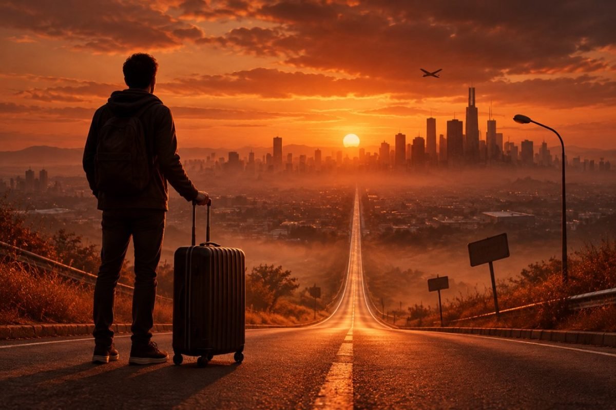 Homem de costas com mala de viagem observando uma estrada longa em direção a uma cidade ao entardecer, representando o trauma migratório e a travessia entre o lugar que ficou e o lugar que ainda não é casa