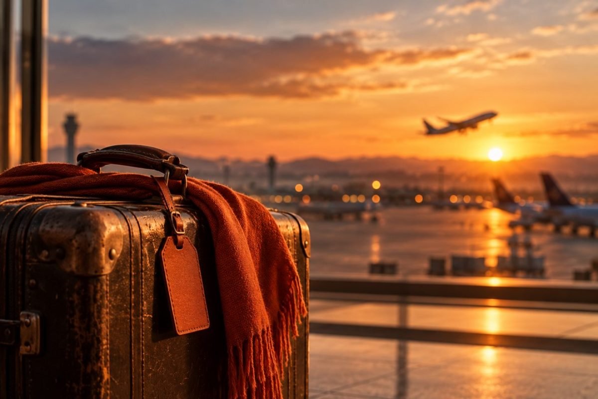 Mala de viagem em primeiro plano com um horizonte distante desfocado ao fundo, representando o trauma migratório e a sensação de não pertencer nem ao lugar de origem nem ao novo país