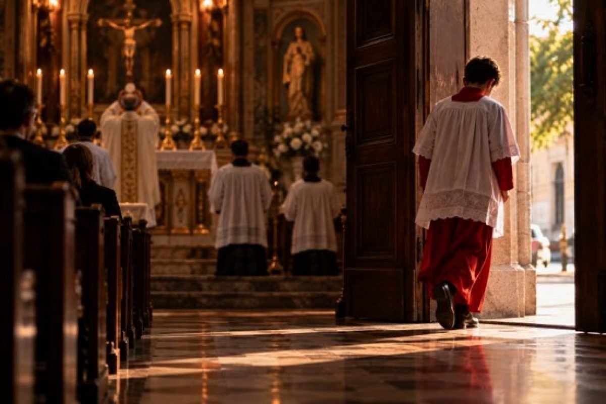 coroinha caminhando sozinho em direção à saída da igreja durante a missa, representando o afastamento ligado ao trauma religioso