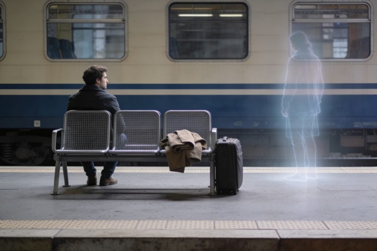 Pessoa sozinha em estação de trem representando luto amoroso e sofrimento após término.