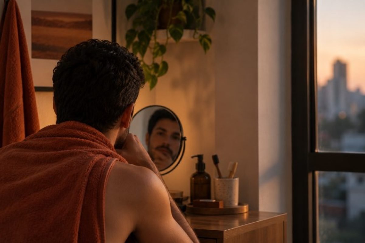Vergonha da própria sexualidade, pessoa se observando no espelho com expressão pensativa